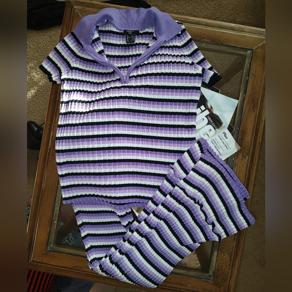 Forever 21 Kids Striped Purple and Black Knit Set Girls Sz 9/10